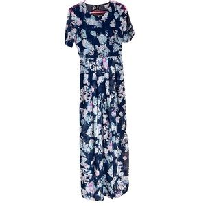 BCBG Generations Dress Womens 0 Short Sleeve Pleated Maxi Watercolor Floral NWT